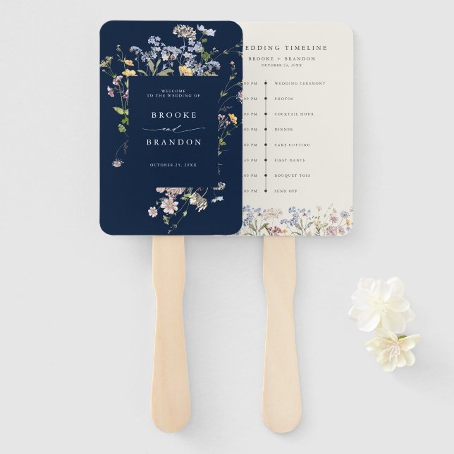 Navy Spring Wildflower Meadow wedding Timeline Hand Fan (Front and Back)