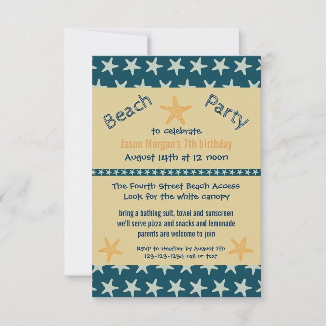 Navy Starfish Beach - 3x5Birthday Party Invitation (Front)