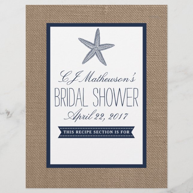 Navy Starfish Beach Bridal Shower Recipe Divider (Front)