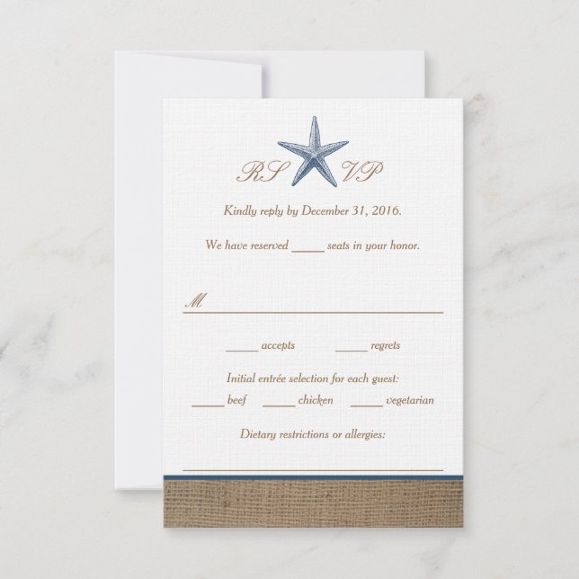 Navy Starfish Burlap Beach Wedding RSVP Cards (Front)