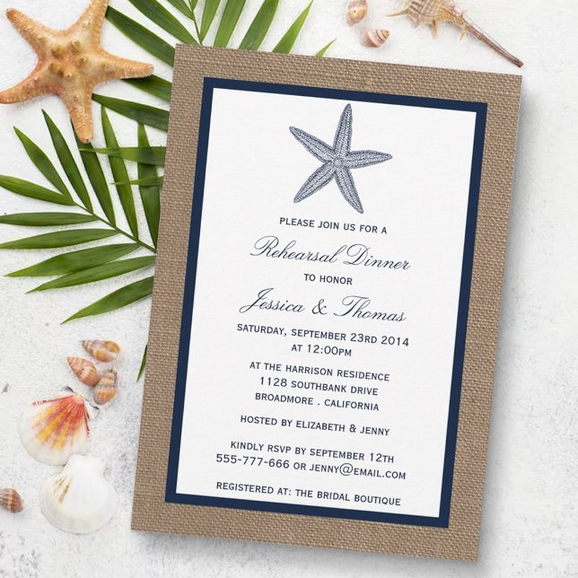 Navy Starfish On Burlap Beach Rehearsal Dinner Invitation (Creator Uploaded)