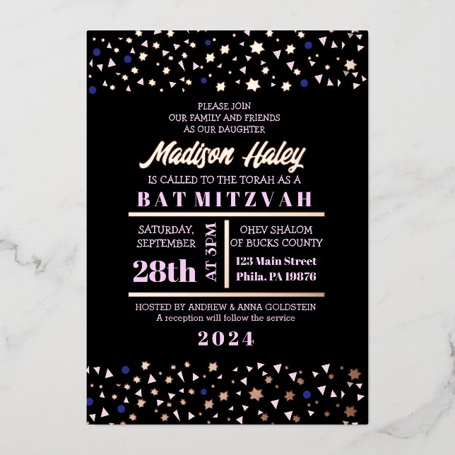 Navy Stars Bar Bat Mitzvah Invitation Gold Inlay (Front)