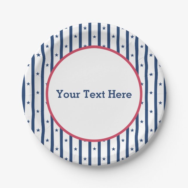 Navy Stars Stripes Red Border, American, Patriotic Paper Plate (Front)