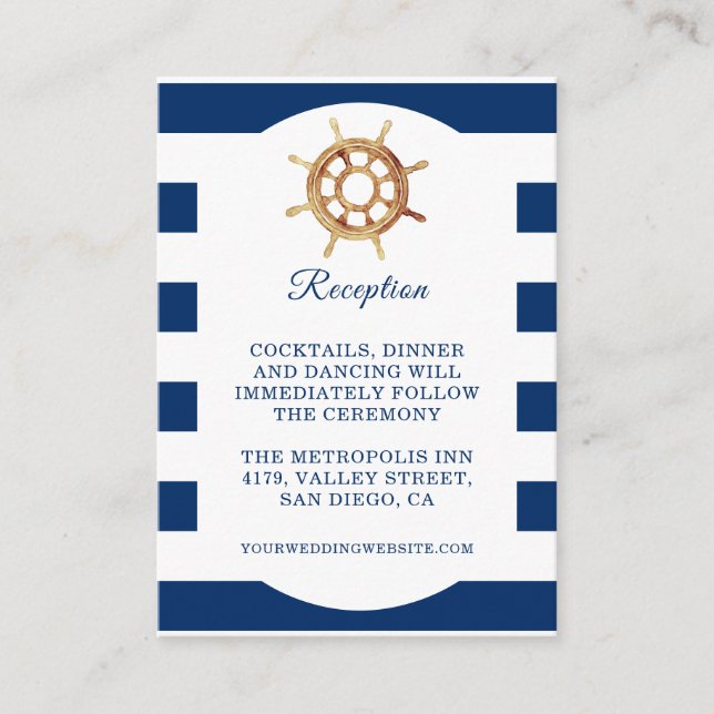 Navy Steering Wheel Nautical Wedding Reception Enclosure Card (Front)