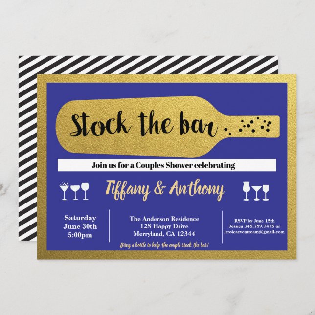 Navy stock the bar invitation blue and gold (Front/Back)