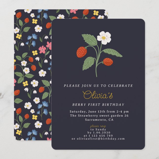 Navy Strawberry first birthday Invitation (Front/Back)