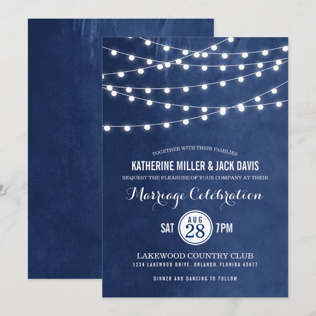 Navy String Lights Wedding Reception Invitation (Front/Back)