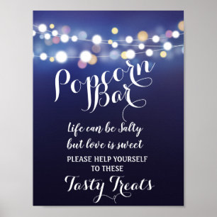 Navy String of lights Popcorn Bar wedding sign
