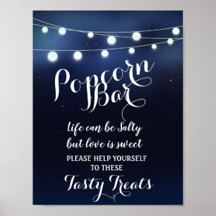 Navy String of lights Popcorn Bar wedding sign