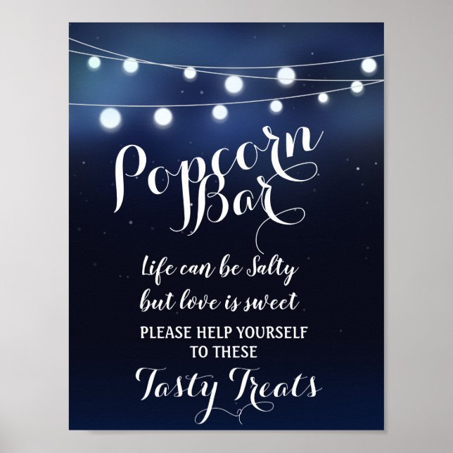 Navy String of lights Popcorn Bar wedding sign (Front)