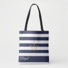 Navy Stripe Nautical Anchor Personalized Tote Bag