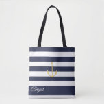 Navy Stripe Nautical Anchor Personalized Tote Bag<br><div class="desc">Nautical anchor on navy blue and white stripe background,  personalized bridal party tote bag. Personalize text,  font style,  colour and size. Stripes shown in navy blue can be customized to your choice of colour.</div>