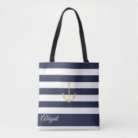 Navy Stripe Nautical Anchor Personalized Tote Bag