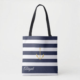 Navy Stripe Nautical Anchor Personalized Tote Bag