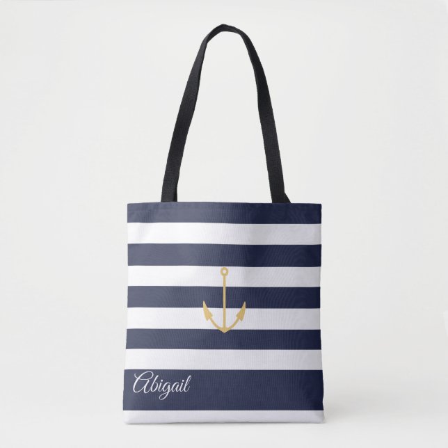 Navy Stripe Nautical Anchor Personalized Tote Bag (Front)