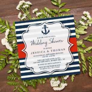 Navy Stripe Nautical Anchor Wedding Shower Invitation