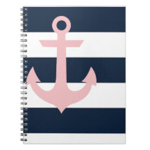 Navy Stripe Notebook - Anchor - Coral