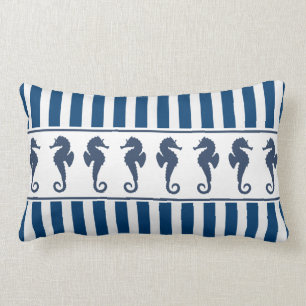 Navy Stripe Pattern and Sea Horses Lumbar Pillow