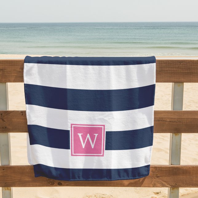 Navy Stripe & Pink Monogram Beach Towel (Creator Uploaded)