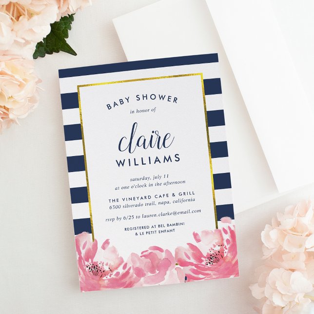 Navy Stripe & Pink Peony Baby Shower Invitation (Creator Uploaded)