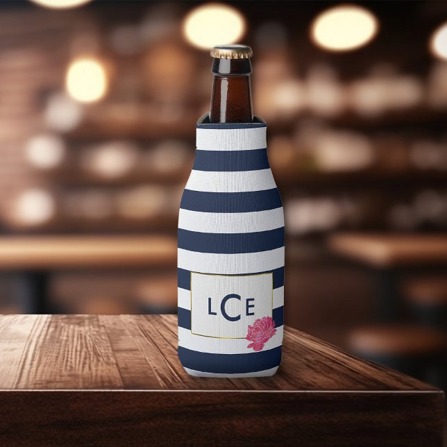 Navy Stripe & Pink Peony Monogram Bottle Cooler (Creator Uploaded)