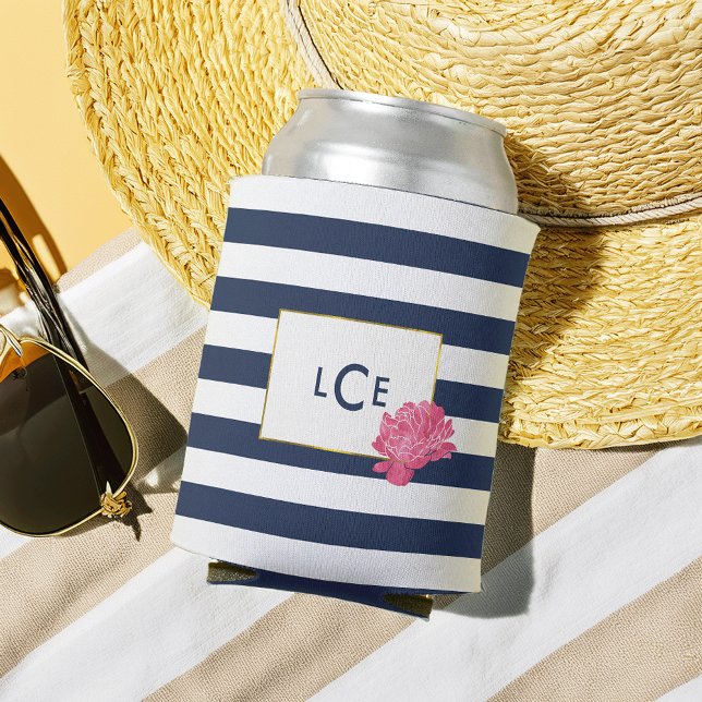 Navy Stripe & Pink Peony Monogram Can Cooler (Creator Uploaded)