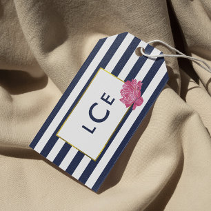 Navy Stripe & Pink Peony Monogram Gift Tags