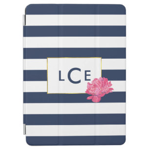 Navy Stripe & Pink Peony Monogram iPad Air Cover