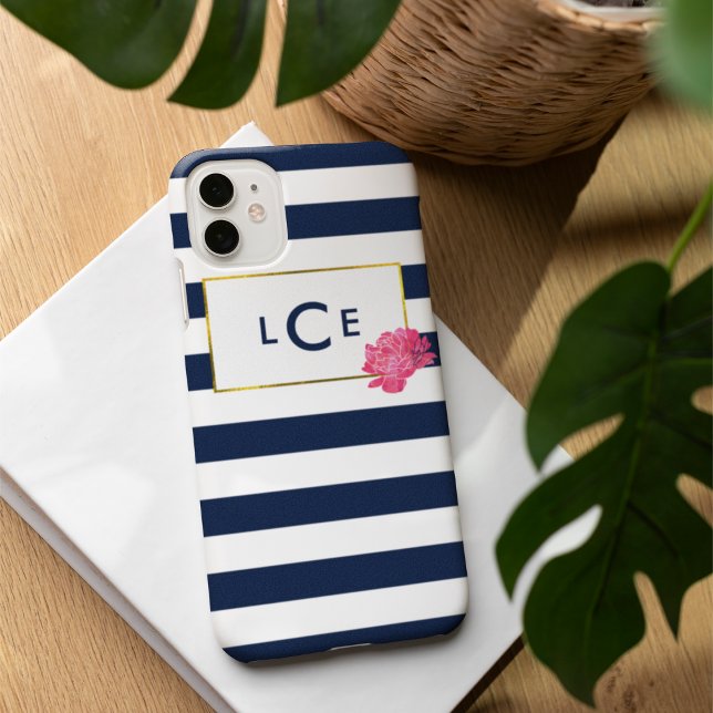 Navy Stripe & Pink Peony Monogram iPhone Case (Creator Uploaded)