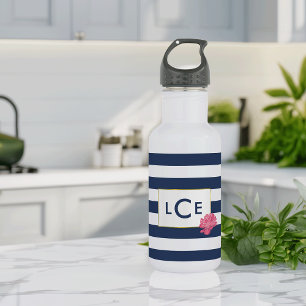 Navy Stripe & Pink Peony Monogram Water Bottle