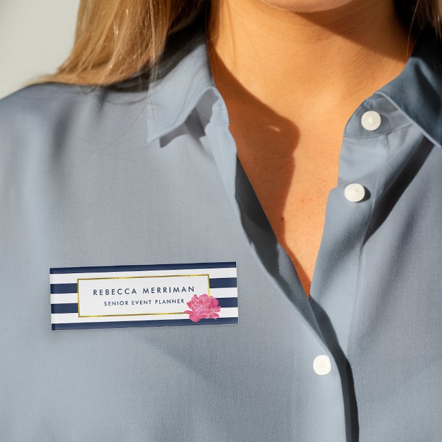 Navy Stripe & Pink Peony Name Tag (Creator Uploaded)