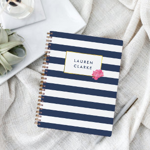 Navy Stripe & Pink Peony Personalized Notebook