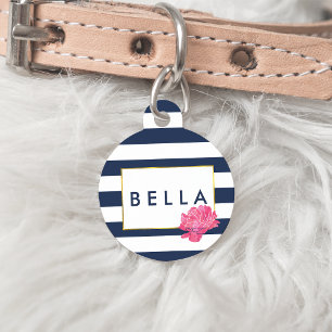 Navy Stripe & Pink Peony Personalized Pet Tag