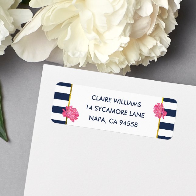 Navy Stripe & Pink Peony Return Address Labels (Creator Uploaded)
