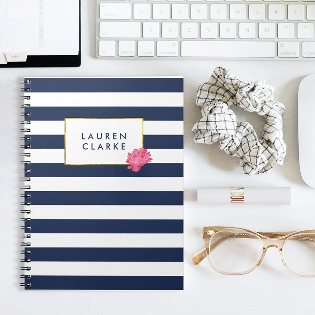 Navy Stripe & Watercolor Pink Peony Notebook (Creator Uploaded)