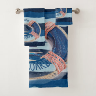  Navy Stripe Welcome on Board Wave Life Buoy   Bath Towel Set