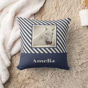 Navy Stripe White Horse Portrait Personalized Throw Pillow