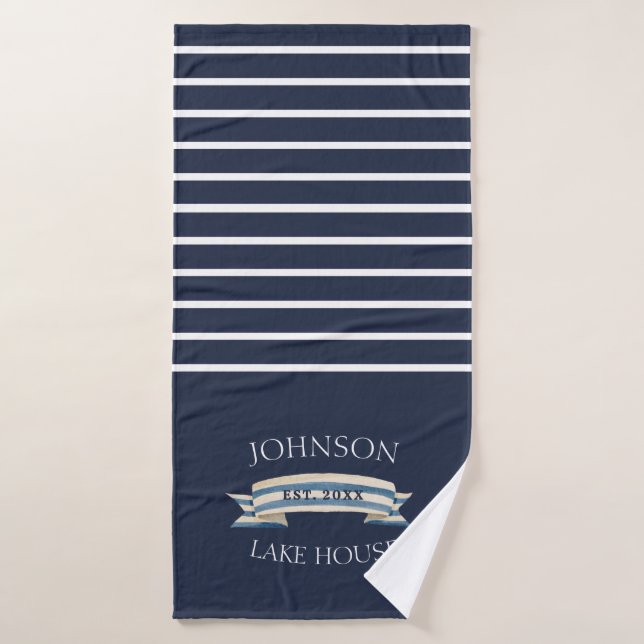 Navy Striped Anchor Lake House (Serviette de bain)
