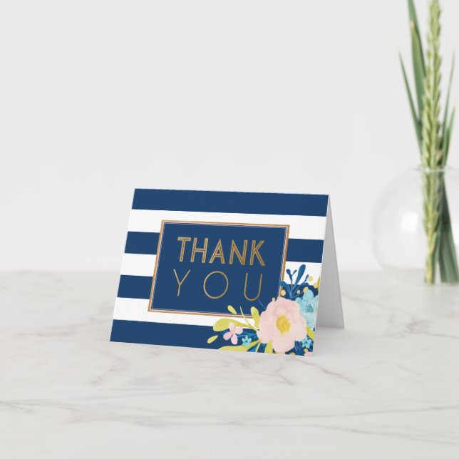 Navy Striped Floral Thank You Note Card (Front)