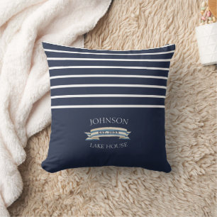 Navy Striped Lake House Anchor Throw Pillow