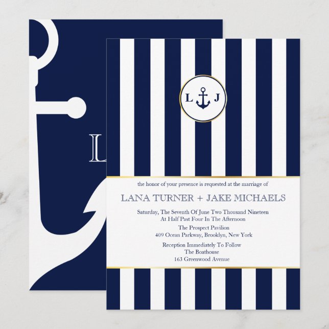 Navy Striped, Nautical Wedding Invitations (Front/Back)