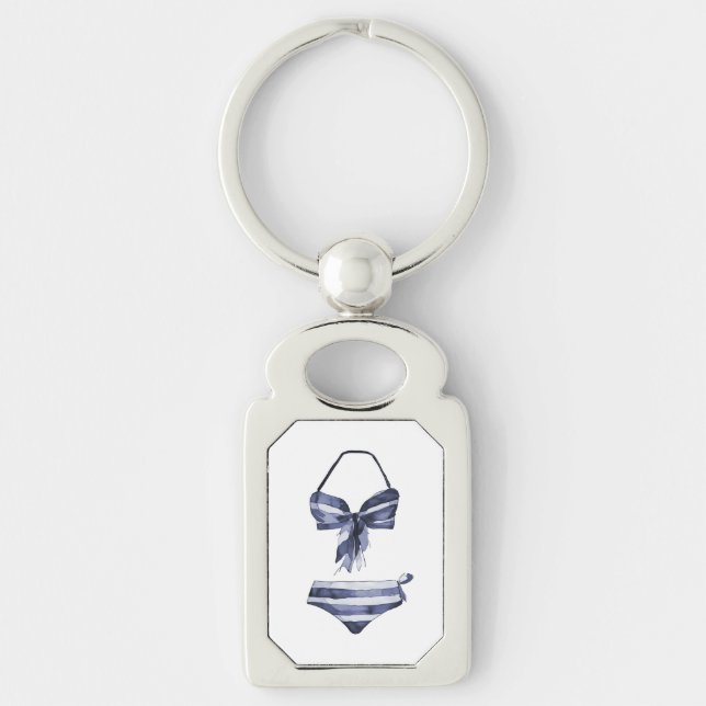 Navy Striped Vintage Swimsuit Bikini Keychain (Front)