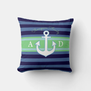 navy stripes, anchor & initials, nautical throw pillow