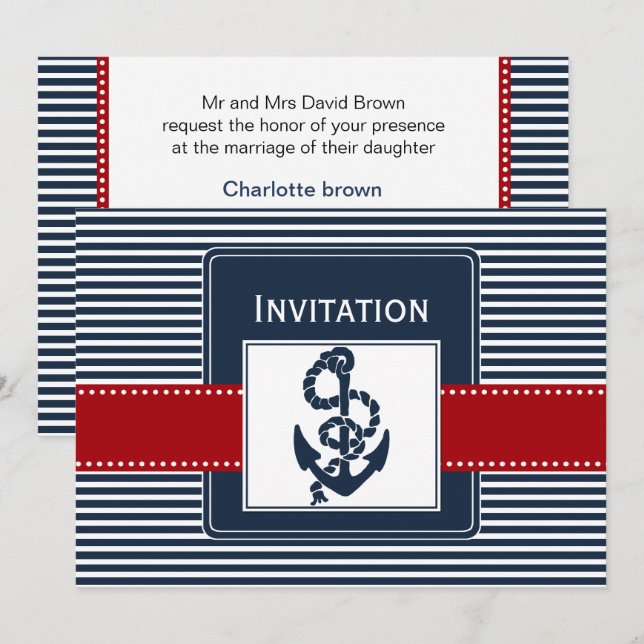 navy stripes, anchor, nautical wedding invites (Front/Back)