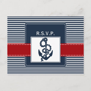 navy stripes, anchor, nautical wedding rsvp invitation postcard