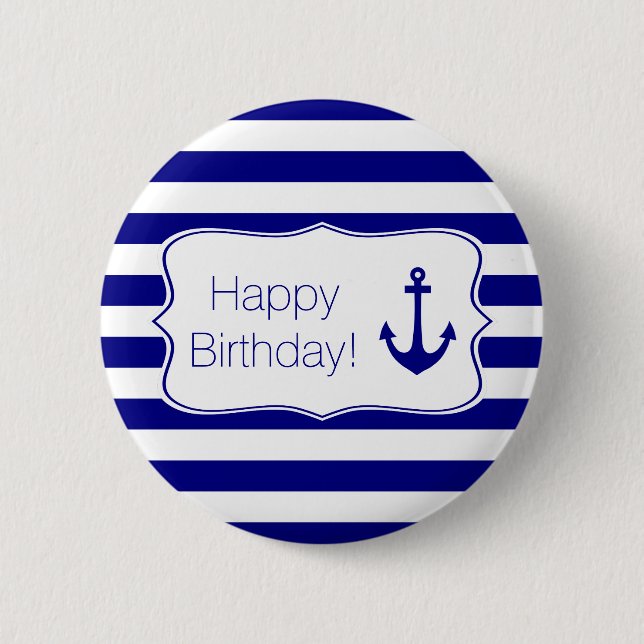 Navy Stripes and Nautical Anchor Birthday Party 2 Inch Round Button (Front)