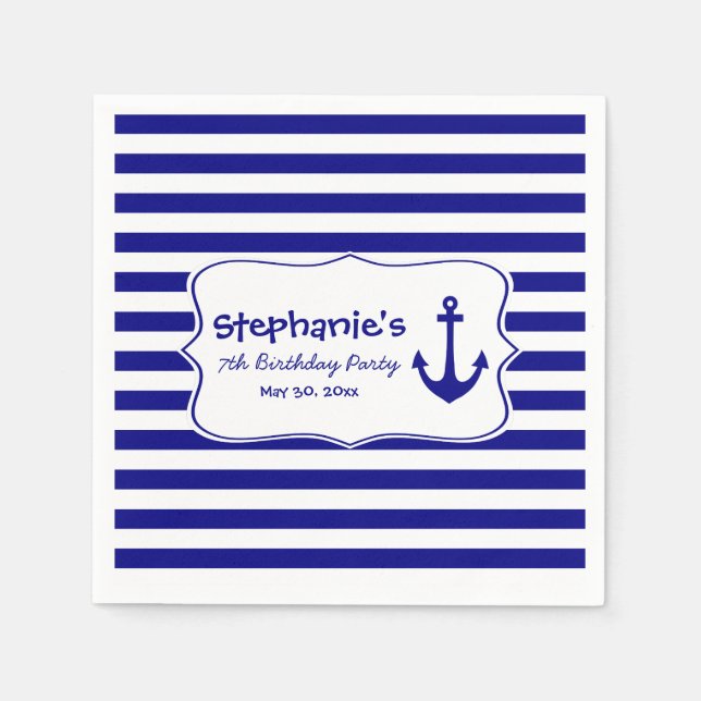 Navy Stripes and Nautical Anchor Birthday Party Napkin (Front)