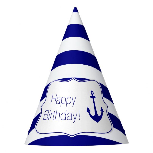 Navy Stripes and Nautical Anchor Birthday Party Party Hat (Front)
