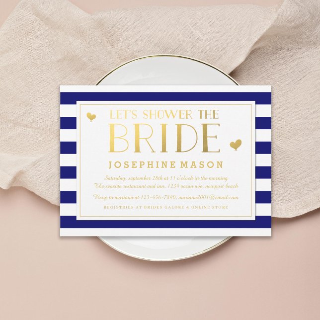 Navy Stripes Gold Hearts Bridal Shower Invitation (Creator Uploaded)