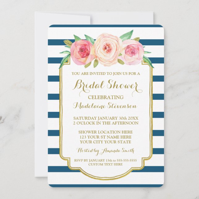 Navy Stripes Gold Pink Floral Bridal Shower Invitation (Back)